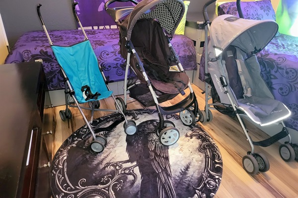 Got little villains?  We got you:  Multiple strollers to choose from. High Chair. Booster seat. 2 Pack & Plays. Bed rails. Child safety lock on the front door.