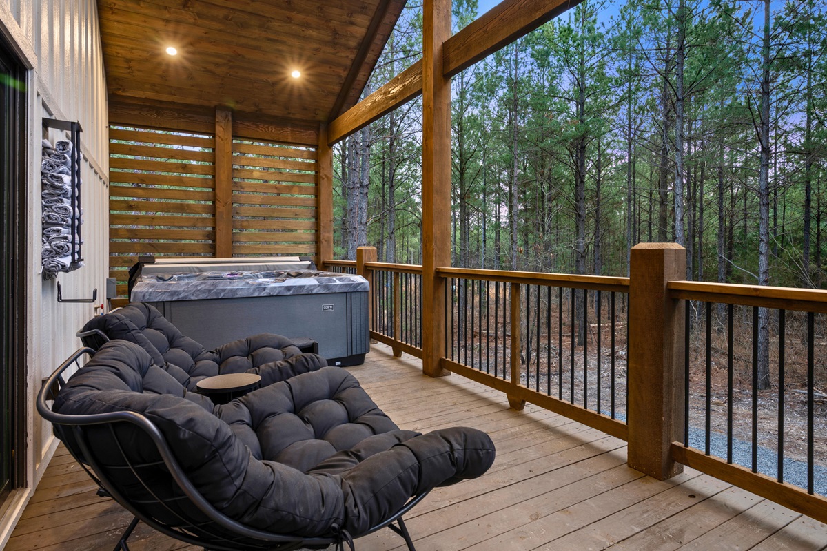 Reclining lounge chairs on the covered deck provide the perfect place to sit back, relax, and soak in the quiet surroundings.