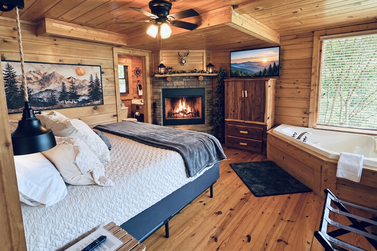 Bedroom 5, MAIN LEVEL, Sunrise Room, king, wood burning fireplace, large tub, TV, full bath