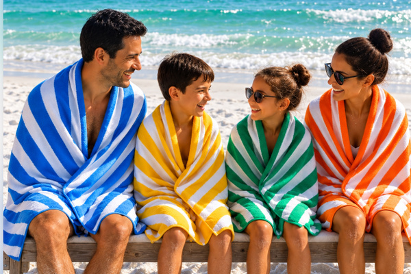 Large, soft beach towels provided for your stay. AI-created beach lifestyle image; the home is not beachfront.