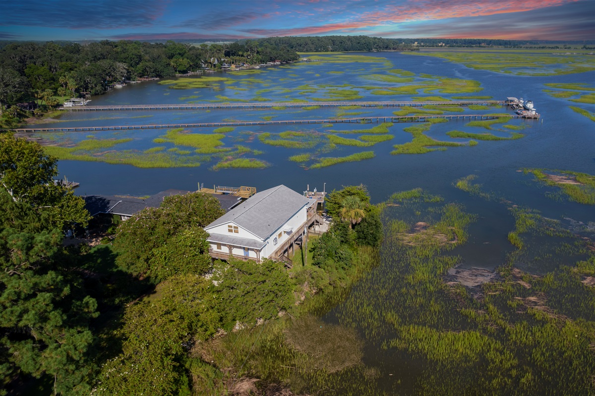 Scenic aerial view showcases your private riverfront retreat.