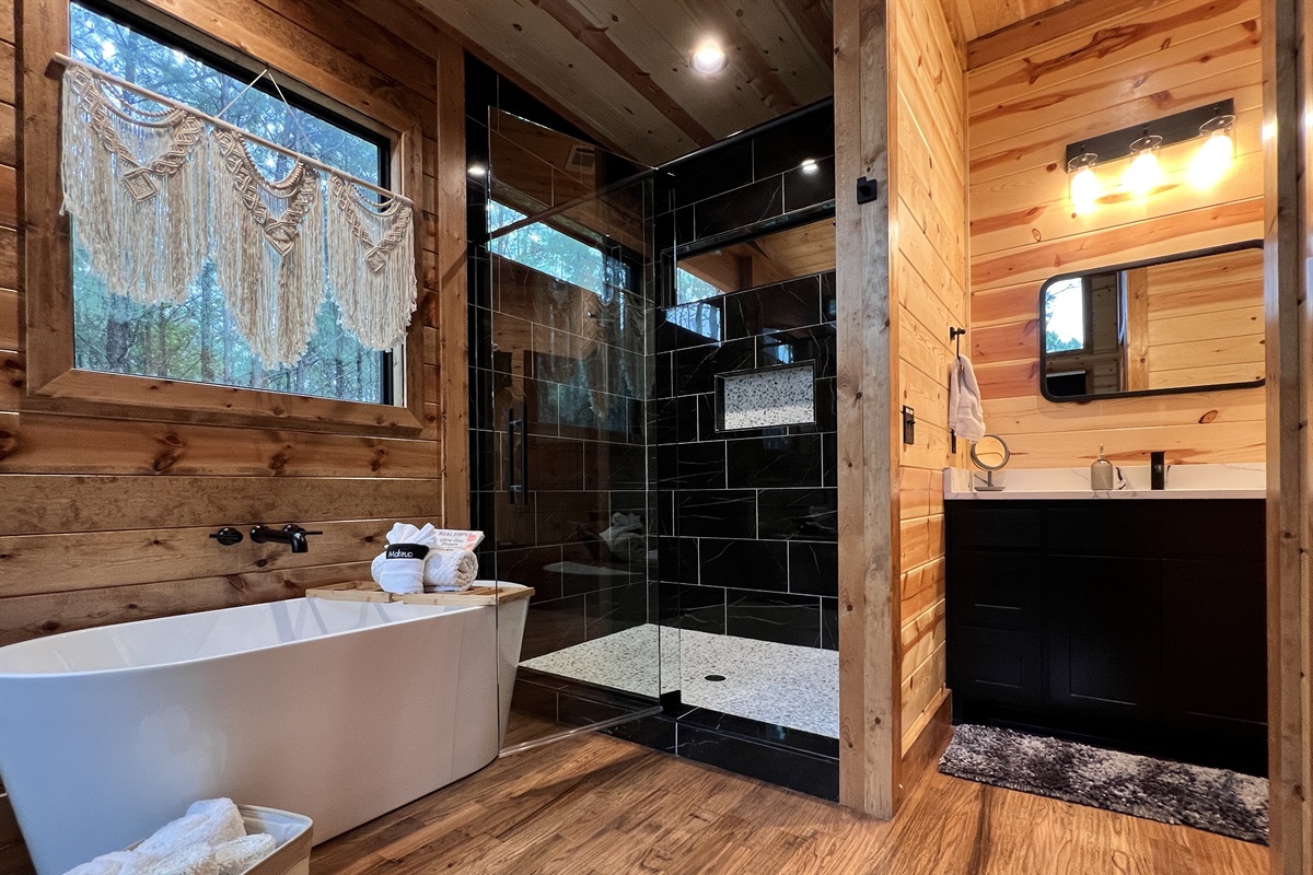 Enjoy the walk-in shower and soaker tub.