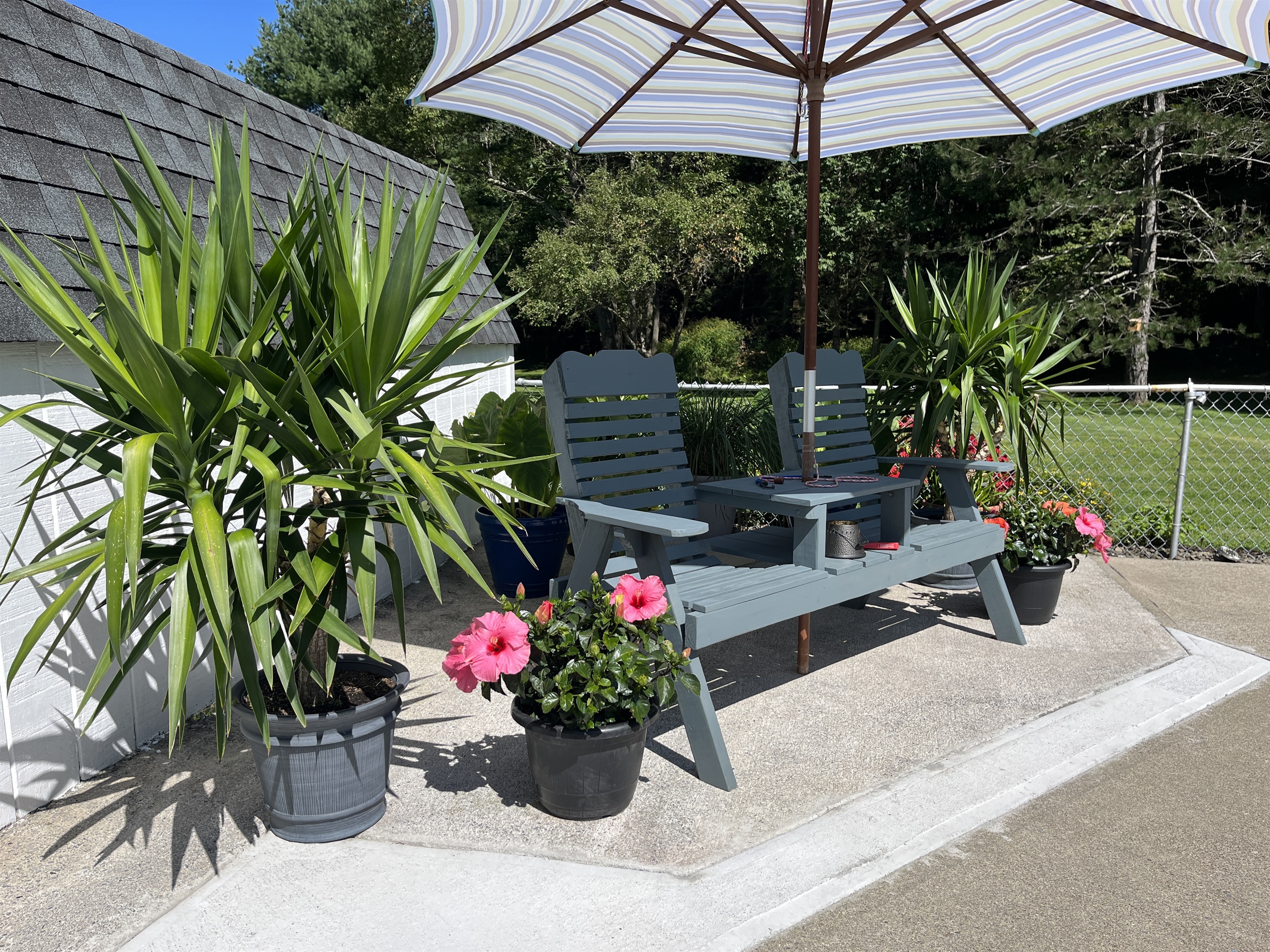 Shade and flowers poolside
