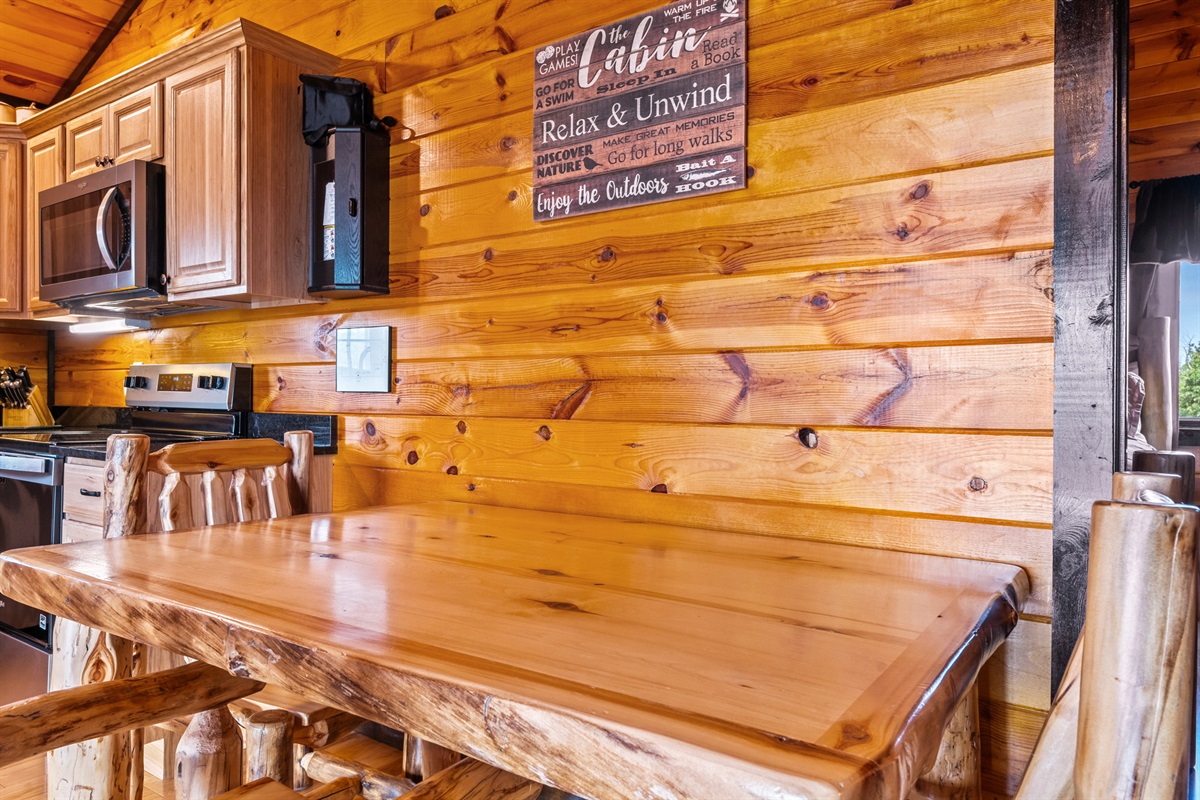 All of the furniture is real wood and authentic. Even the walls and trim are real wood. This is a true modern rustic cabin.