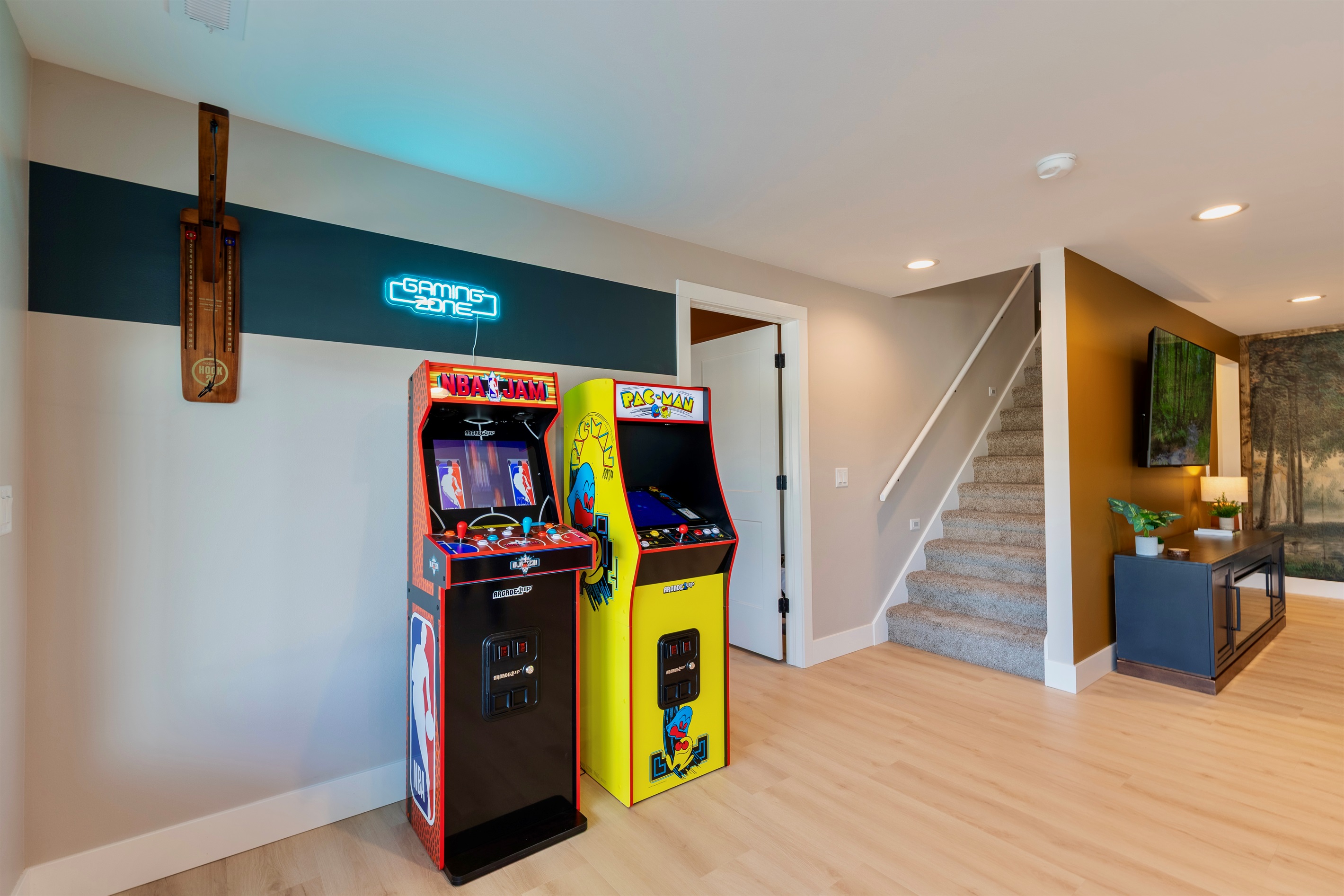 Play some arcade games, hook, fooseball and legos in our downstairs game area.