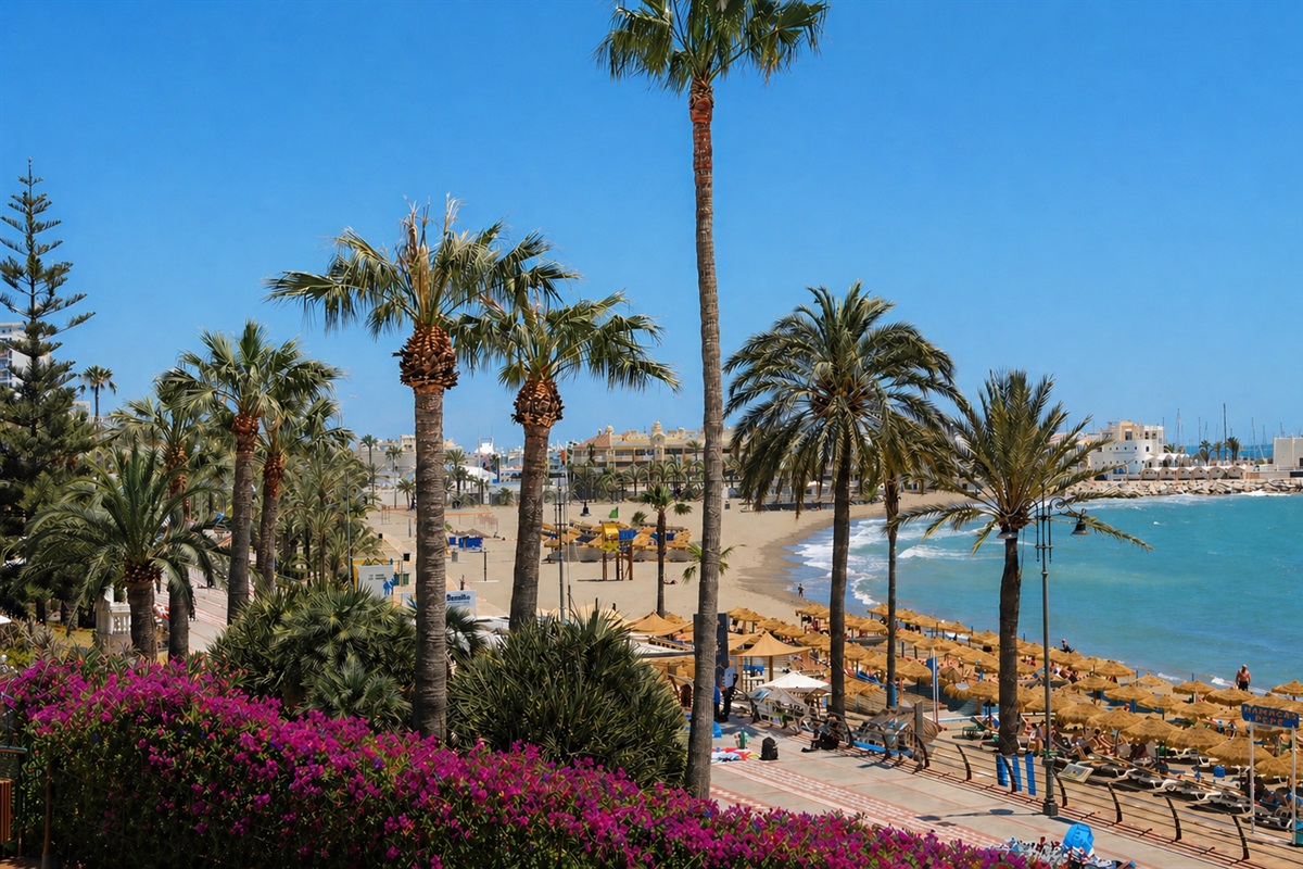 Torrebermeja Beach, Benalmádena – A vibrant seaside spot on the Costa del Sol, where palm-lined promenades, soft sandy shores, and sparkling Mediterranean waters create a lively and inviting coastal setting.