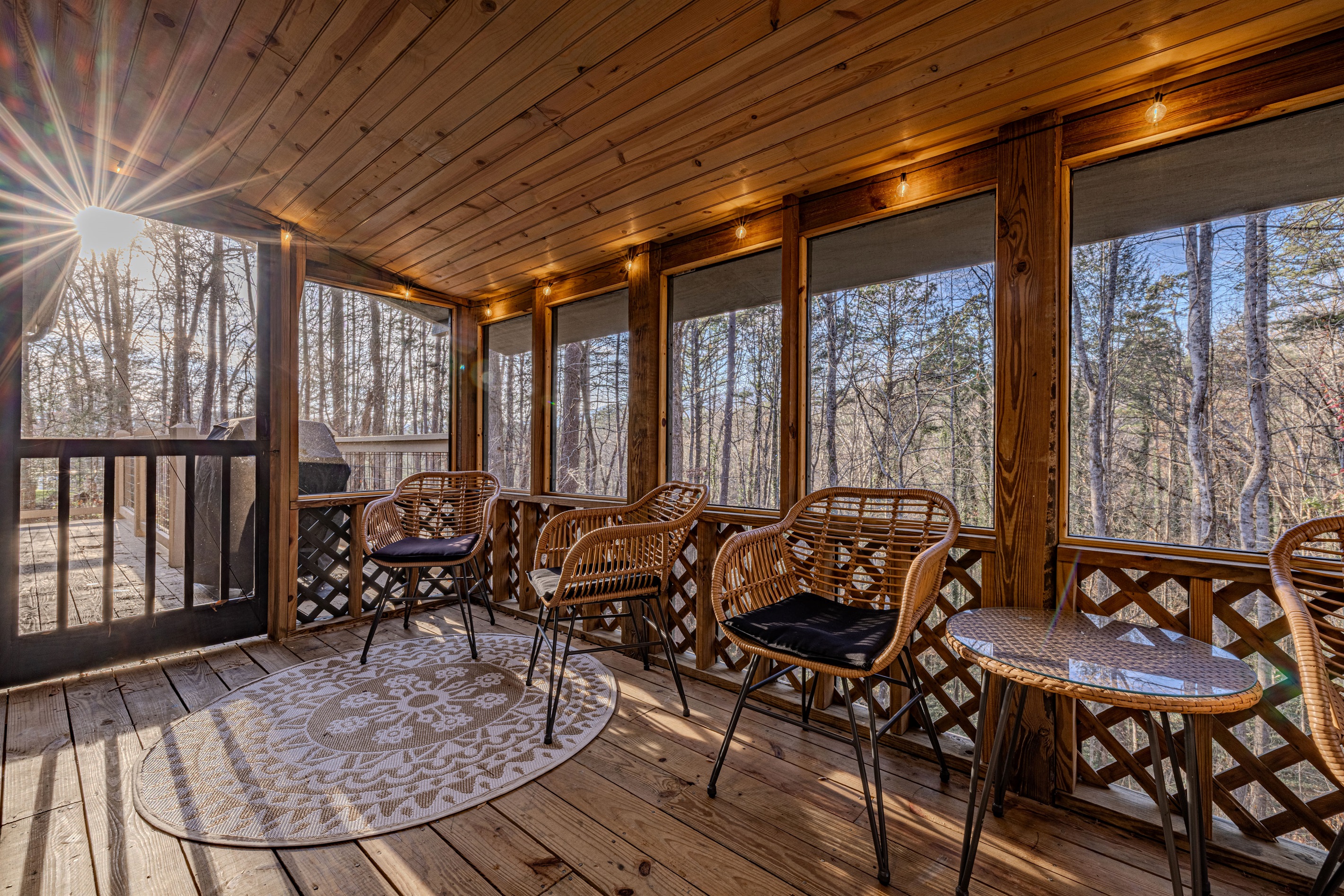 Relax on the sun-drenched screened porch, featuring warm wood ceilings and stylish wicker seating for a true mountain living experience.