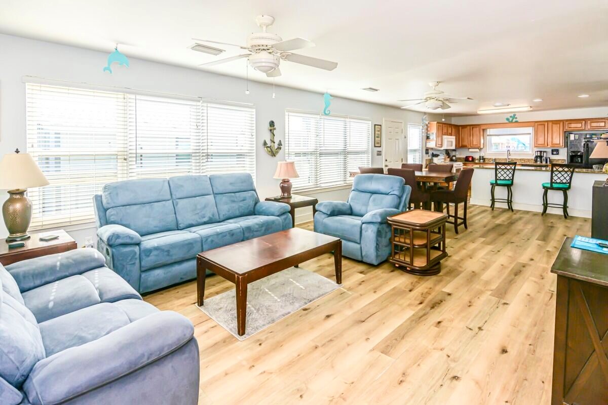 A bright and cozy living space perfect for gathering after a day at the beach