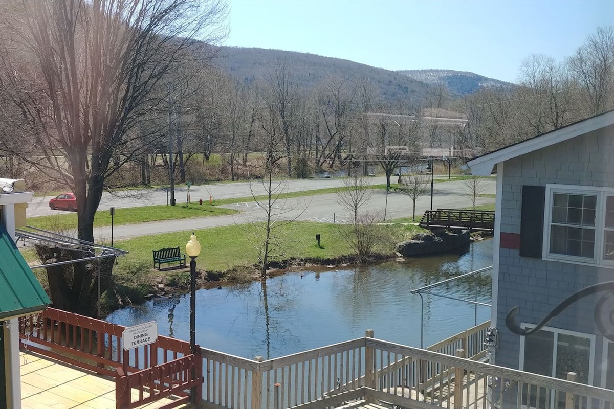 View of the Binnekill Stream and Catskill Mountains from large windows 