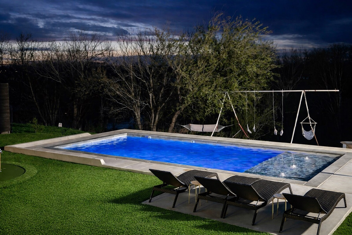 The Noir pool at night offers a peaceful escape with glowing water, soft lighting, and a serene atmosphere perfect for evening swims.