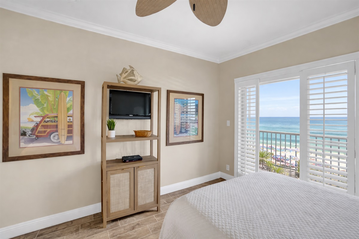 Guest bedroom will accommodate 3 guests. I will be removing the mirror wall, putting a new fan with light kit in, wall mounting a smart tv and a vanity. This room has direct access to a private balcony that is only accessed through this room.  