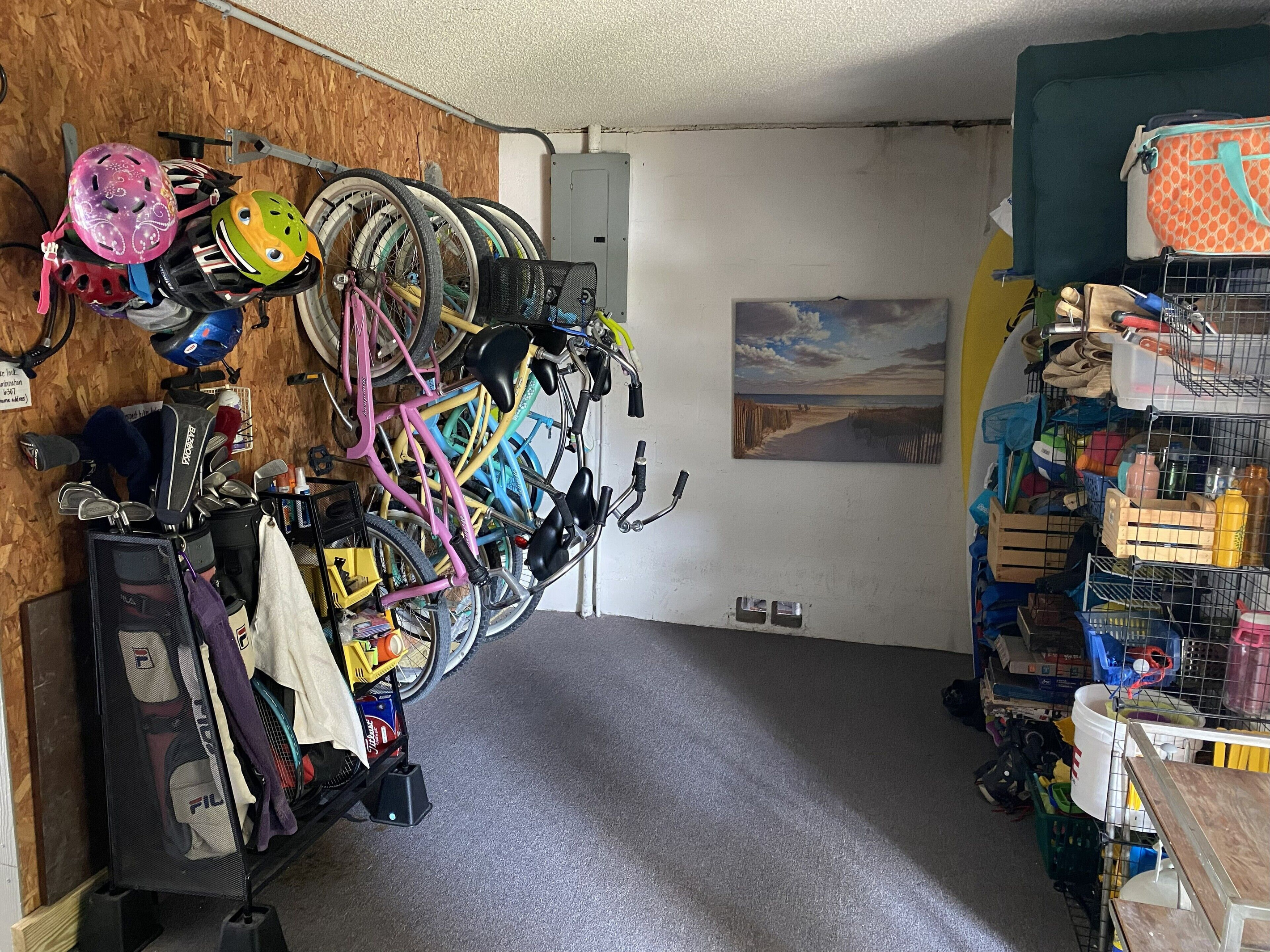 Our garage has a pool/ping pong table, free bikes and a dart board! 
