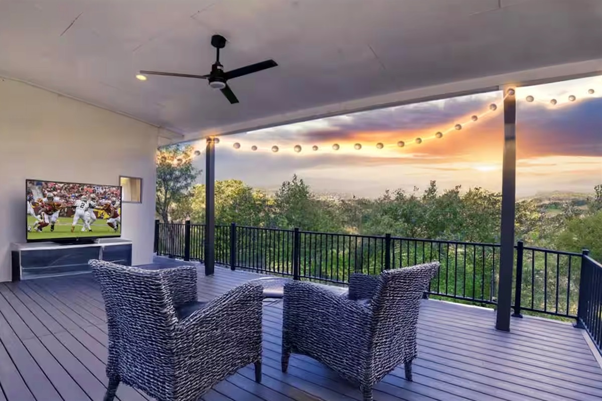 watch game at patio with lake view, TV