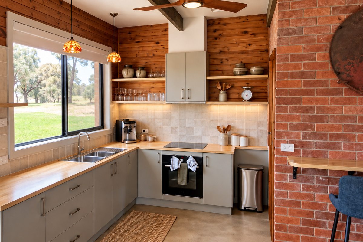 Timber detail, brick accents and practical cooking space give the kitchen a warm country-house feel at Bob’s River House.
