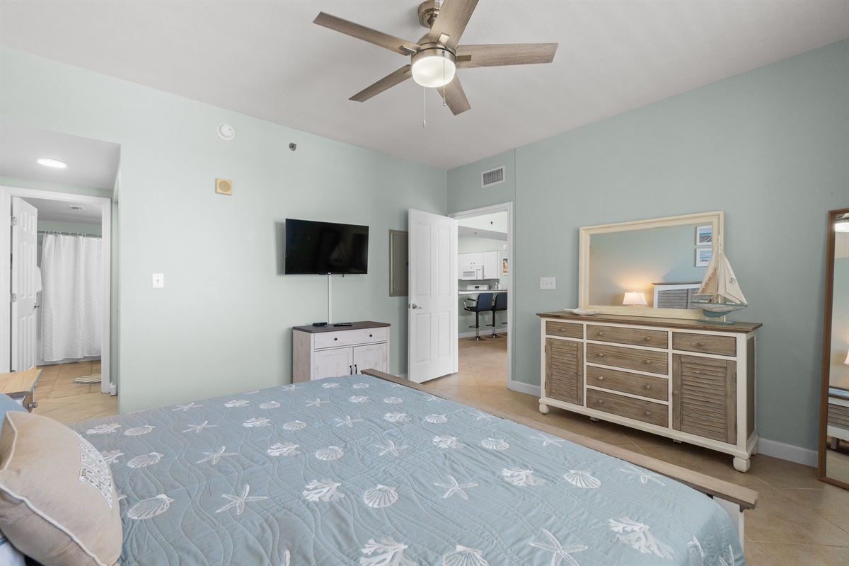 Full motion wall mounted TV also allows our guests to enjoy shows while in bed as well.