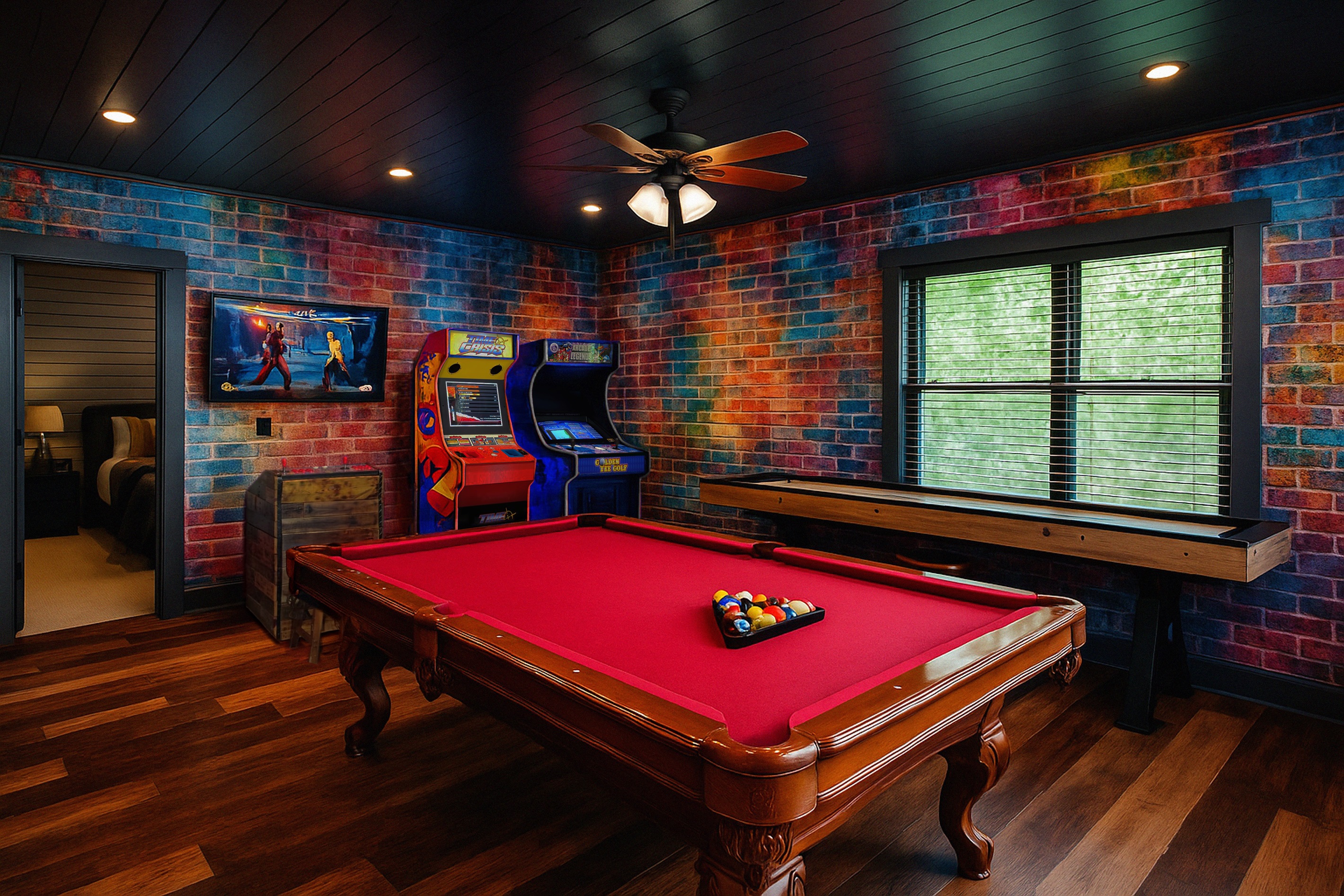 Epic Game Room with 3 Arcades (1200 Games, Time Crisis, & Classic Arcade). A Shuffleboard Table, Billiards table, Darts, Cornhole, and a Roku TV with streaming services. The fun is ENDLESS!