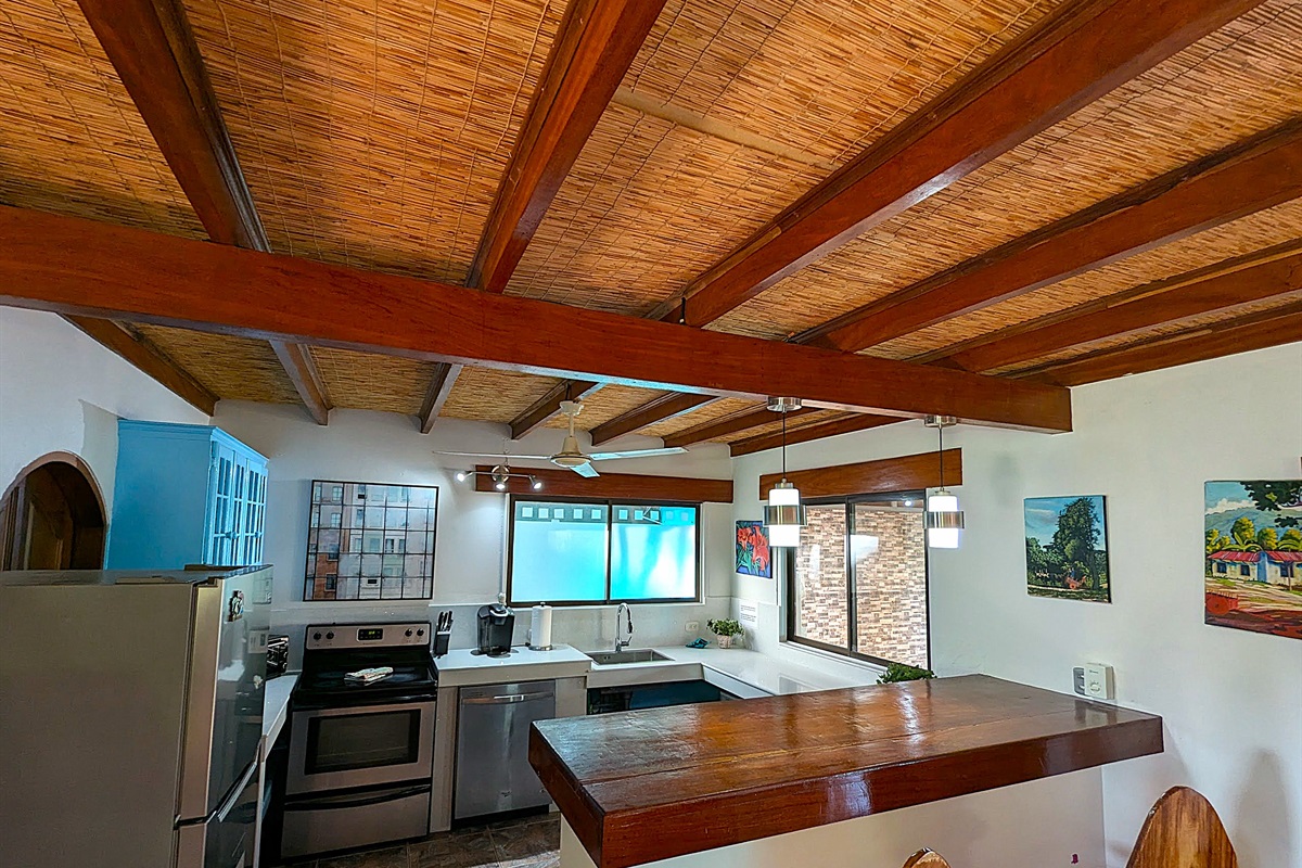 Kitchen and bar seating area