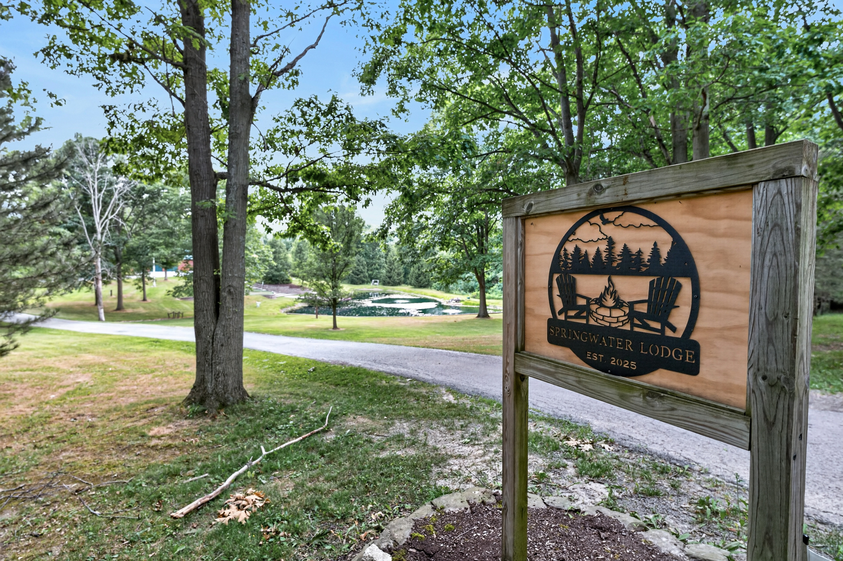Wooden sign overlooking the yard