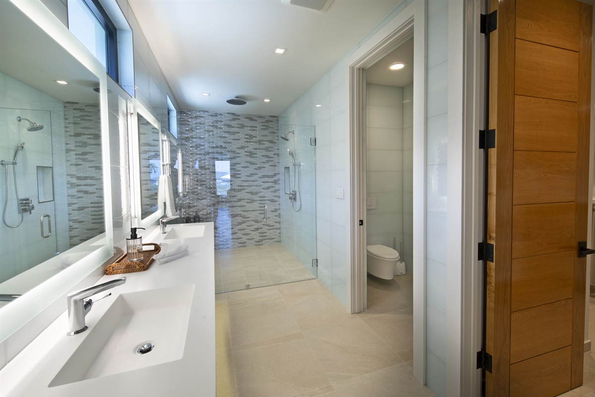 Main level primary bedroom's bathroom - two vanities, rainfall shower and walk in closet