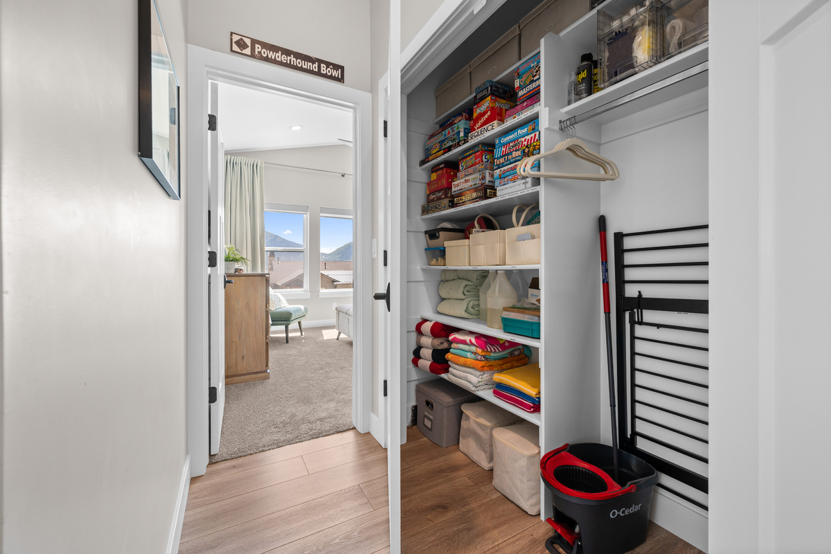The fully stocked game closet is filled with board games, puzzles, and extra essentials to keep everyone entertained throughout your stay.