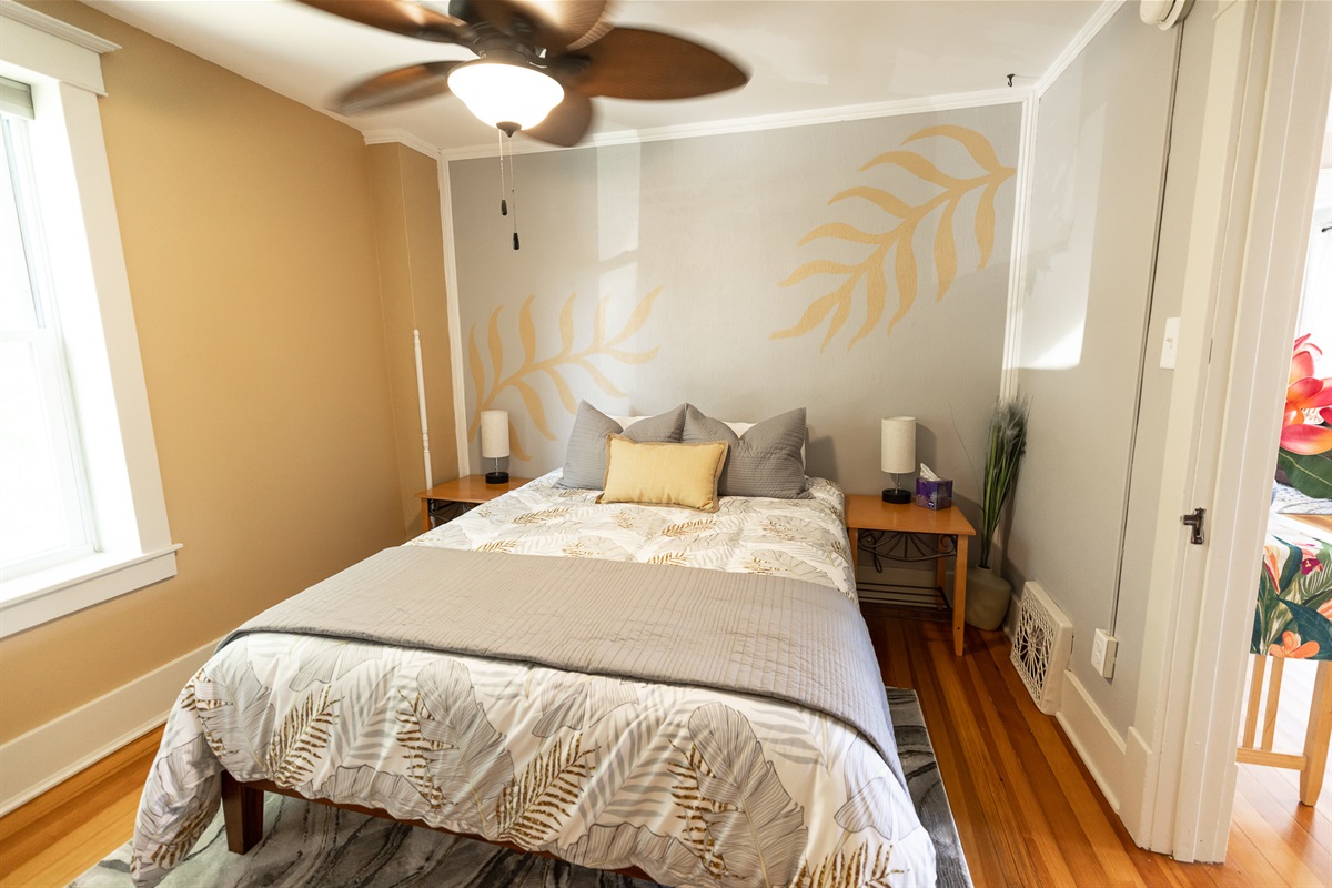 Queen memory foam mattress,    down alternative comforter or lighter weight coverlet provide various options for warmth. (The apartment does not have control over the buildings heat or central