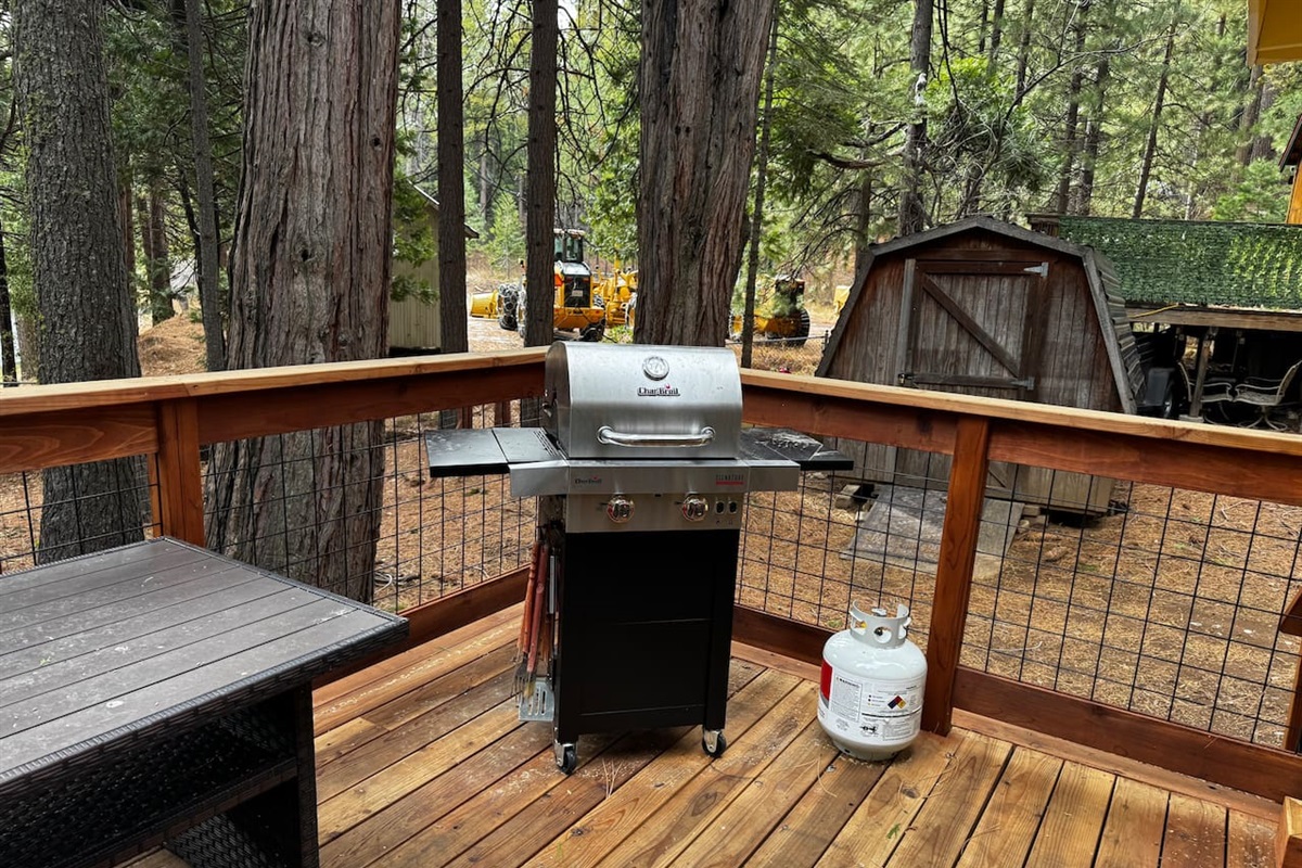 Cook on our propane grill (propane provided), plenty of BBQ tools and even an extra table for prep and serving. 