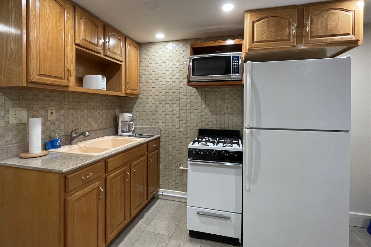Double basin sink and  full size refrigerator