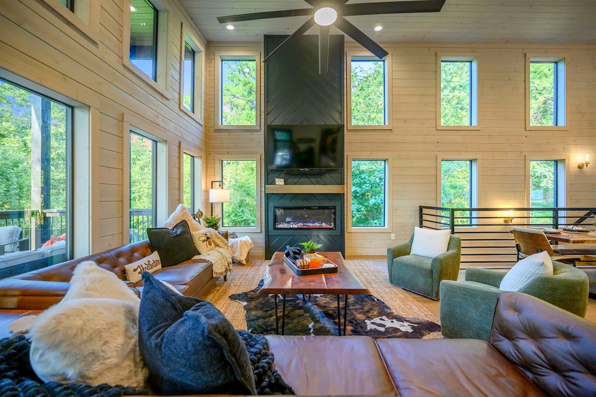 From the living room you can watch television on the 65" smart TV, or you can just look out of all those windows and watch the wildlife in the tree canopies.  Just look at all those windows!!!