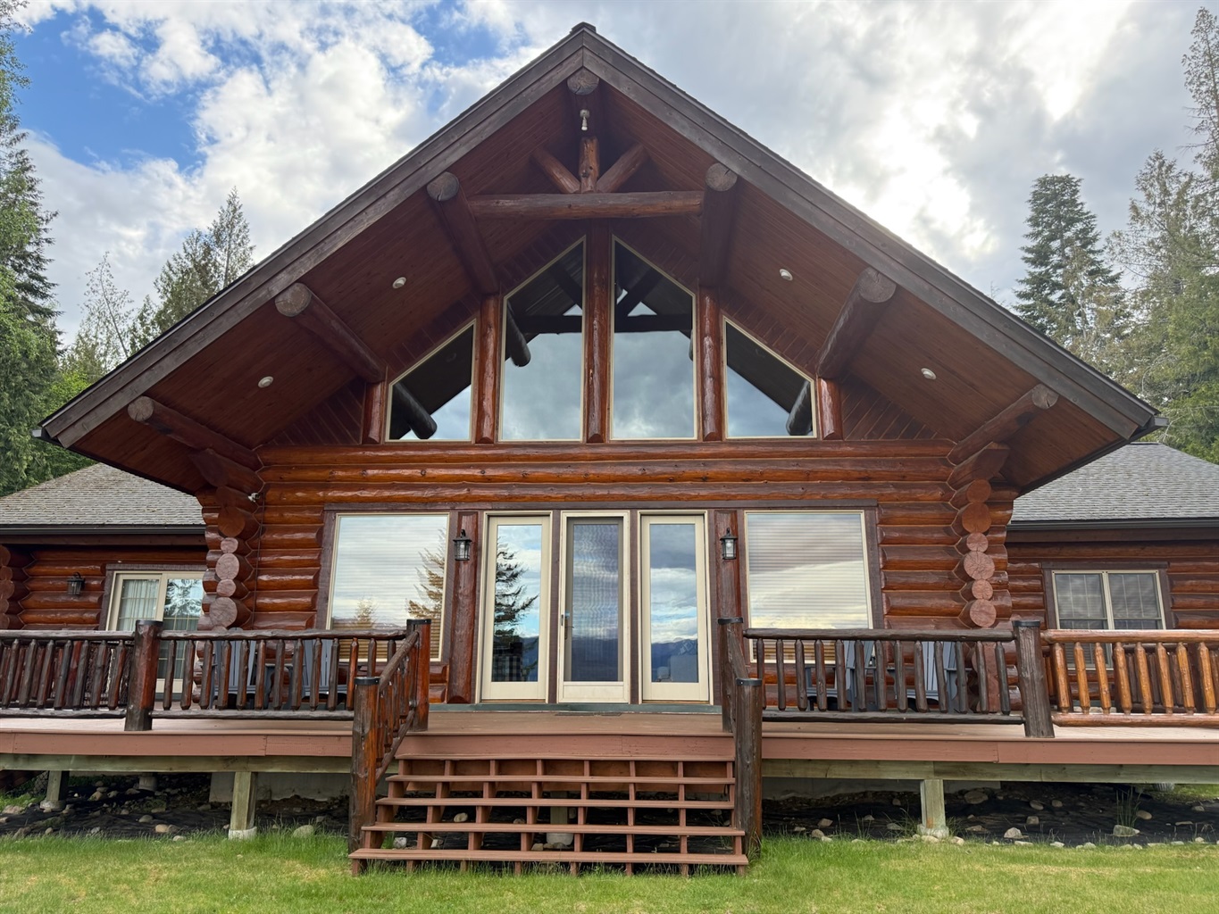 Hand-hewn logs create front of cabin