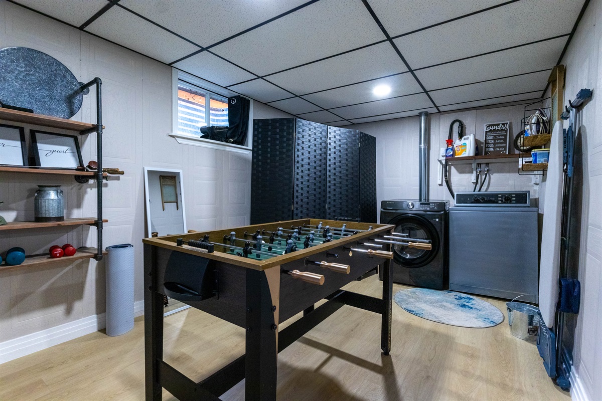 Fully functional rec space with TV, sound bar, foosball and 30+ board games