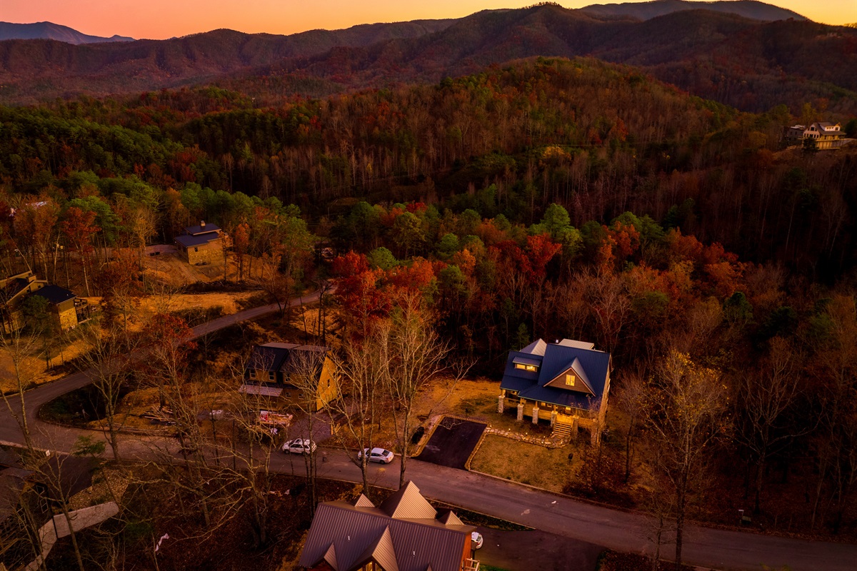 Drone photo showing the front of Parks Lodge. 
