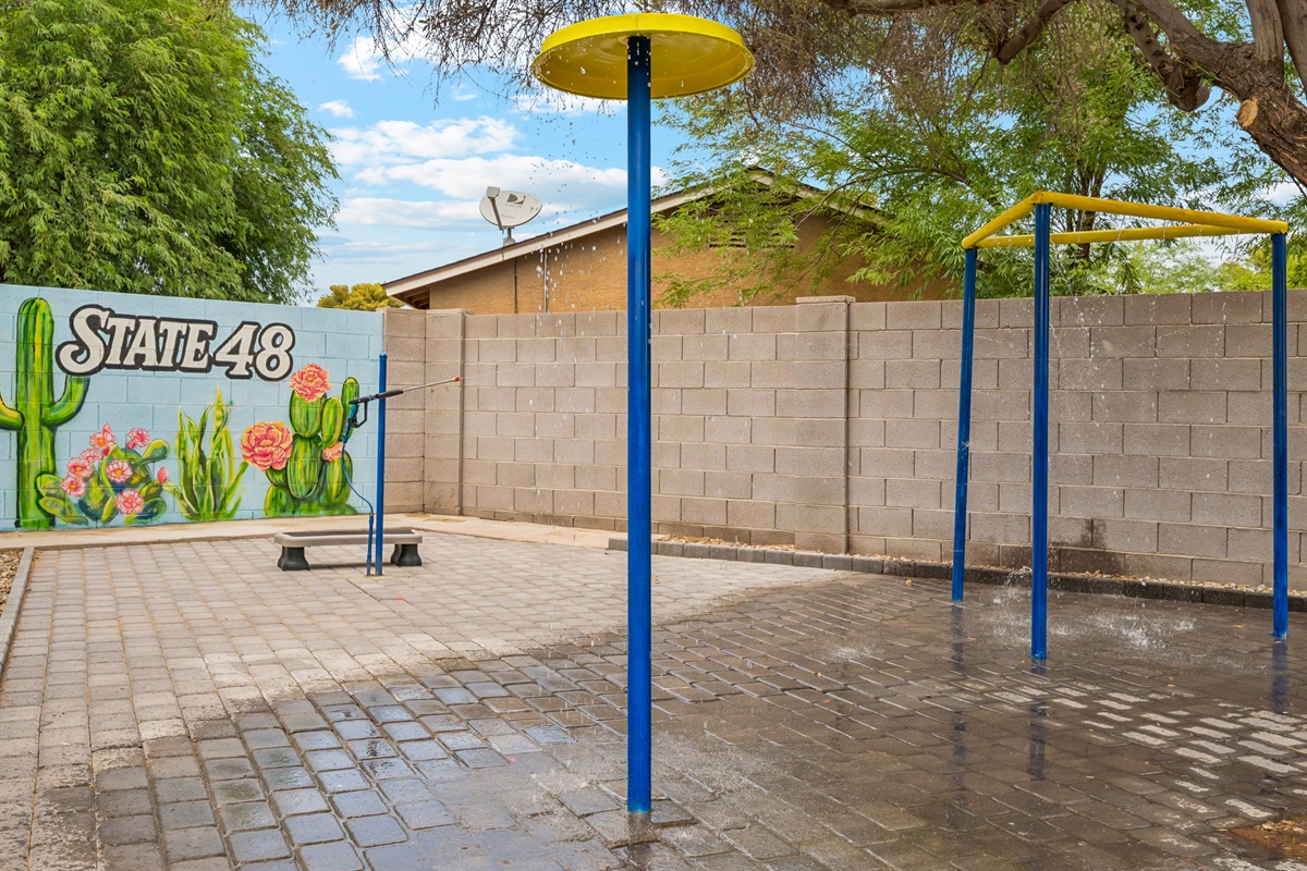 The splash pad features the Triangle Time Warp, the First Person Soaker and the Waterfall.  Oh and there's an elephant easter egg too!