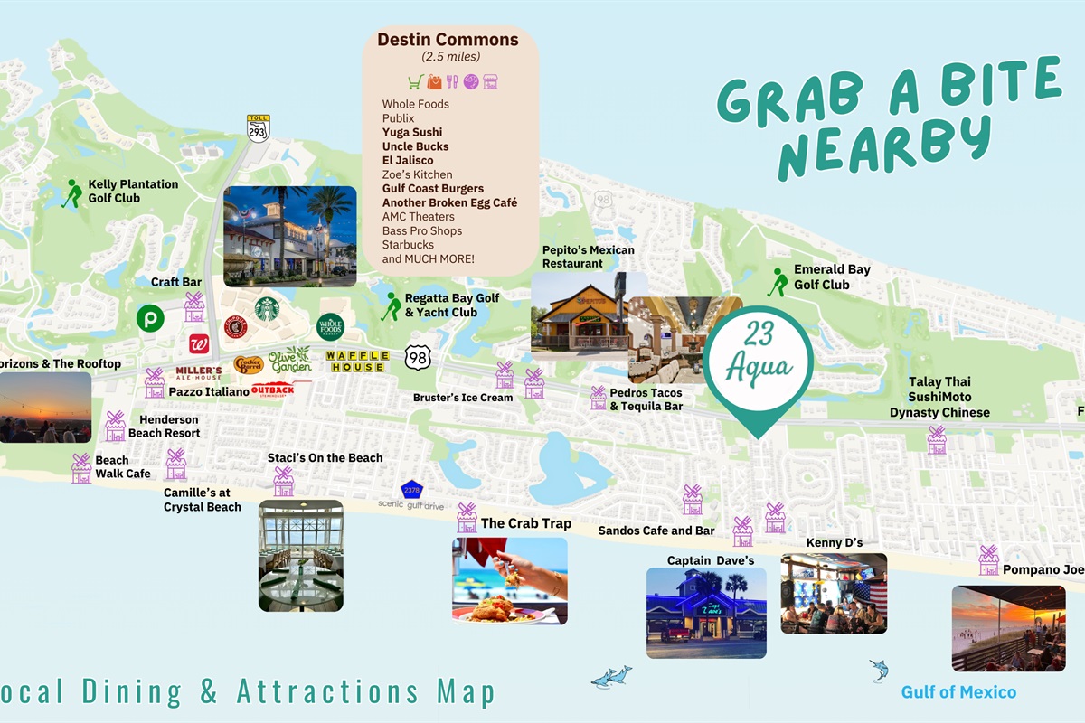 Many restaurants within walking distance including Kenny D's, Captain Dave's on the Gulf, Sandos Beachside Cafe & Bar, Pompano Joe's + tons of options a short drive away!