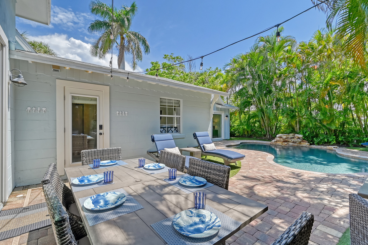 Enjoy easy access to a bathroom while on the patio.