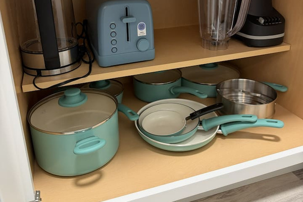 hot water kettle, toaster, mixer, pots & pans