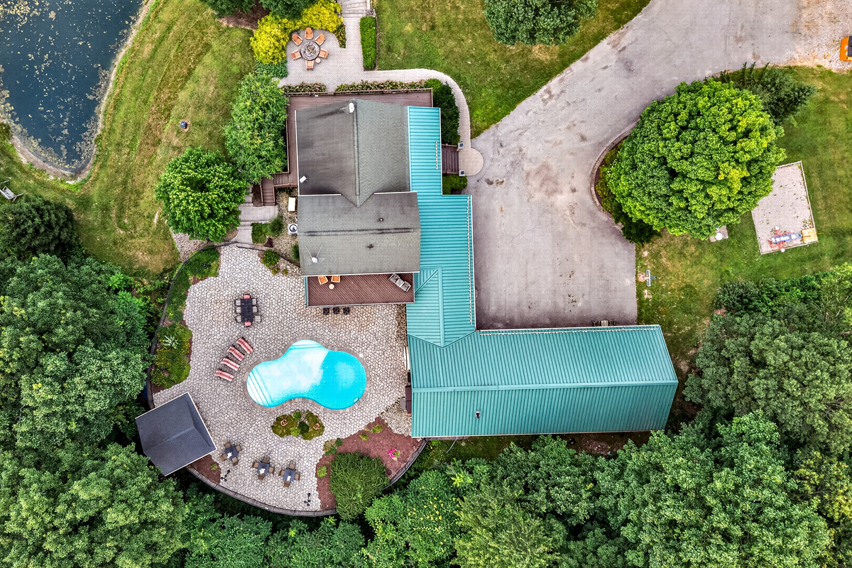 Overhead view of the house and pool