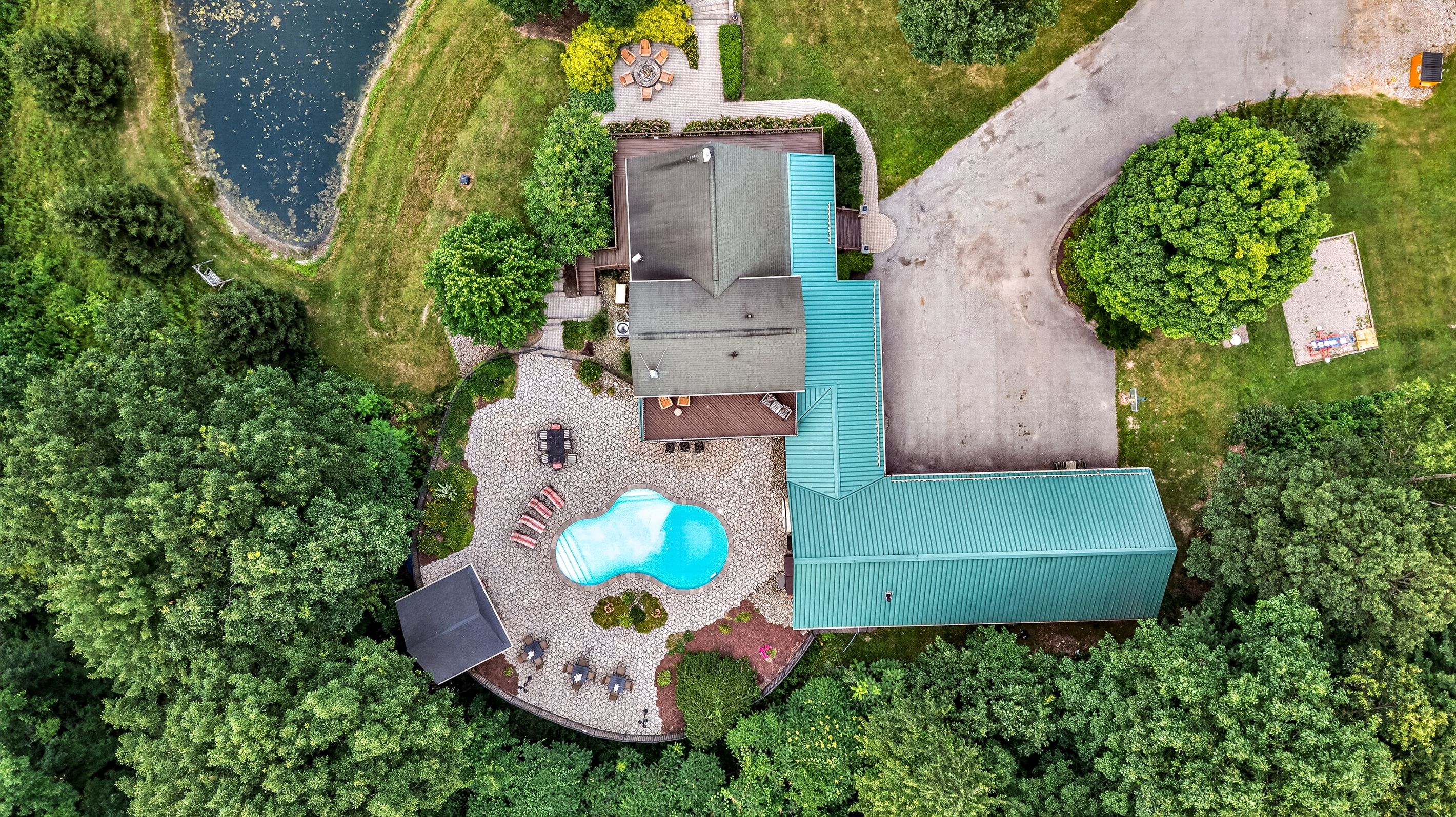 Overhead view of the house and pool