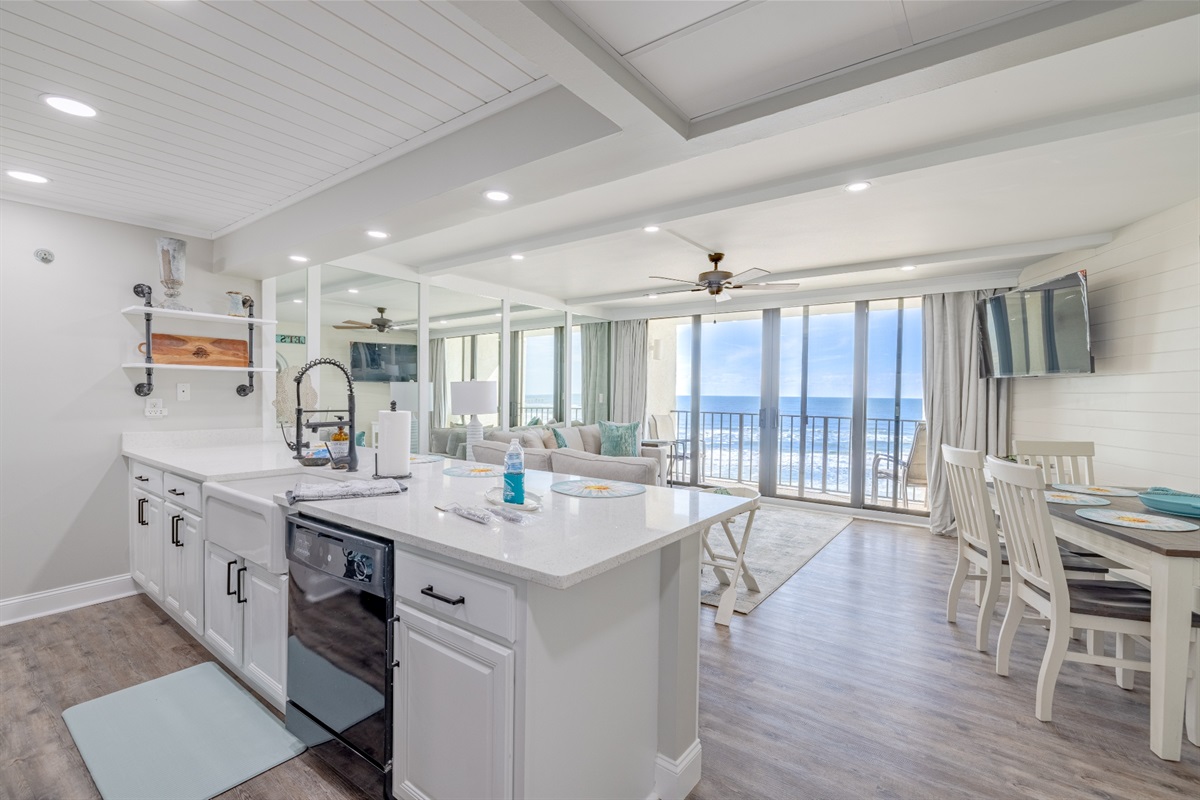 Kitchen area looking into living room