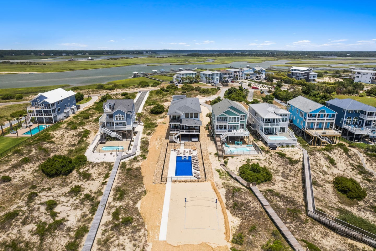 A bird's-eye view of Zen and its unbeatable location. The nearby public beach access is just a short walk from the house, making it easy to go from poolside relaxation to sandy toes in minutes.