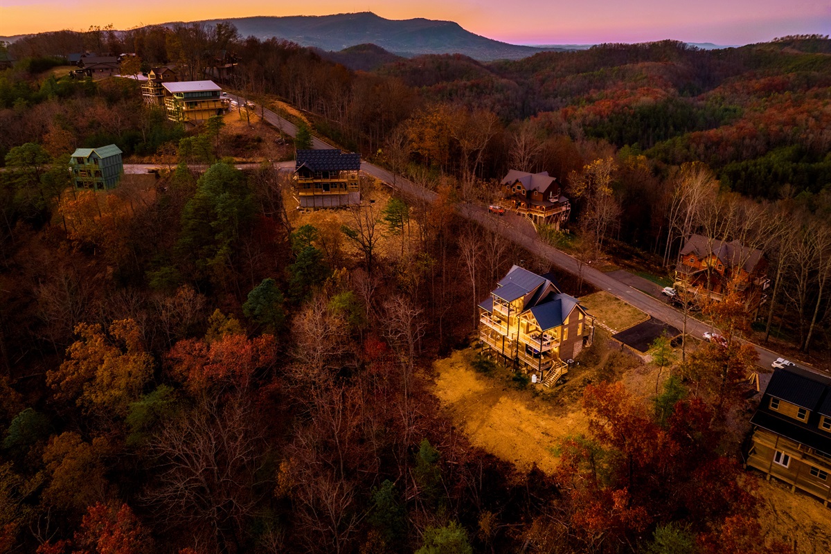 Drone photo showing the back of Parks Lodge. 