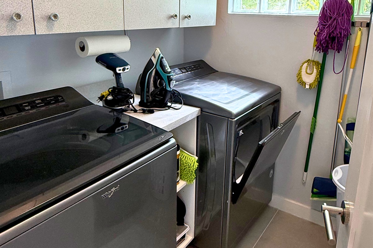 The laundry room is located on the pool level