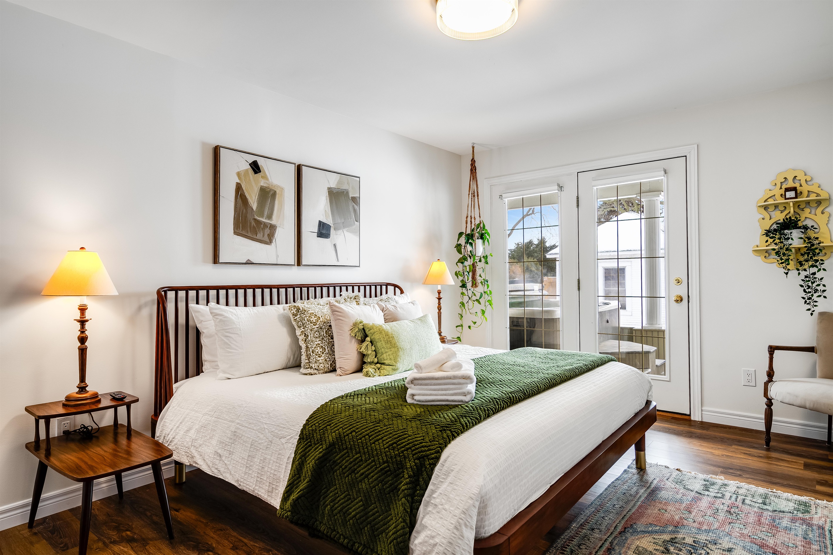 King bed just steps from the hot tub.