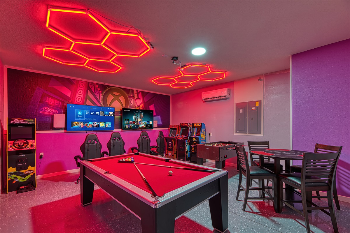 Game Room with Pool Table and Arcade