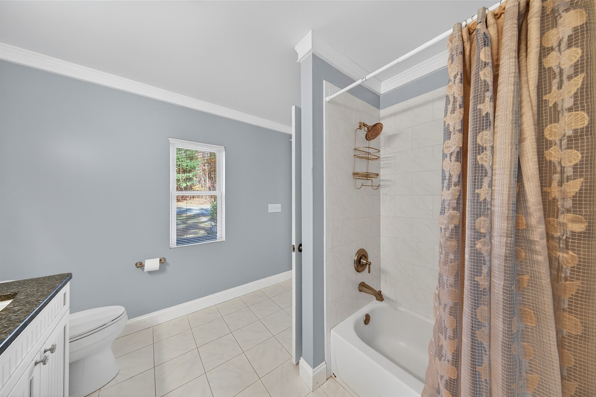 Shower/tub combo with cozy lake-themed details — perfect for families.