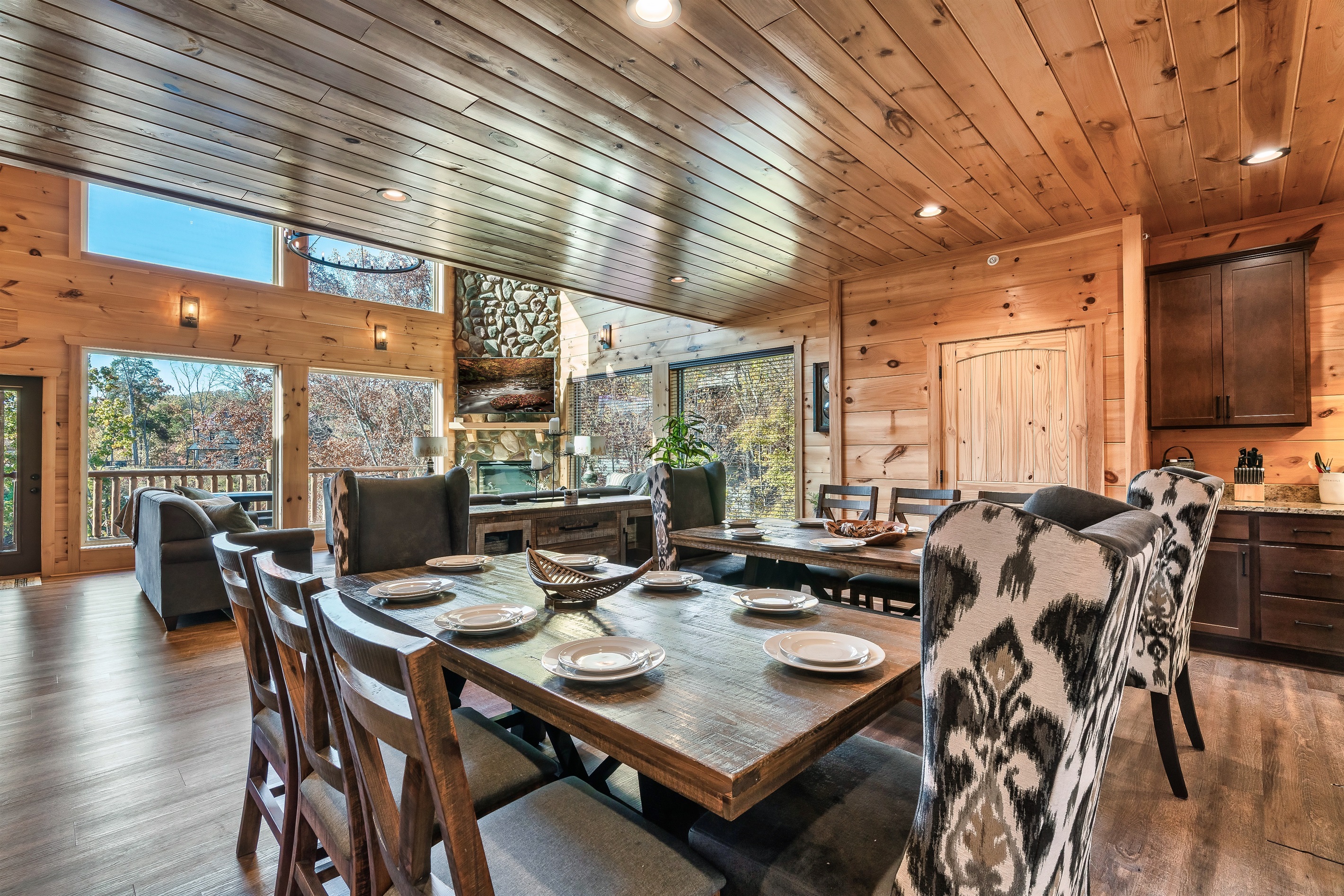 There are 2 dining tables for ample seating for large groups