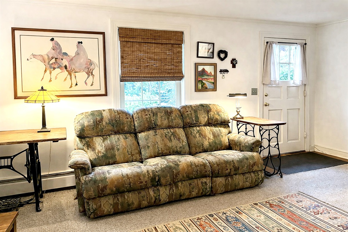 Comfortable lower level living area with seating and a smart TV