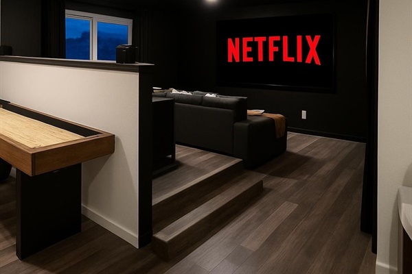 *JUST ADDED: Movie area with multi-level seating, two large couches and an 86” TV with Sonos surround sound