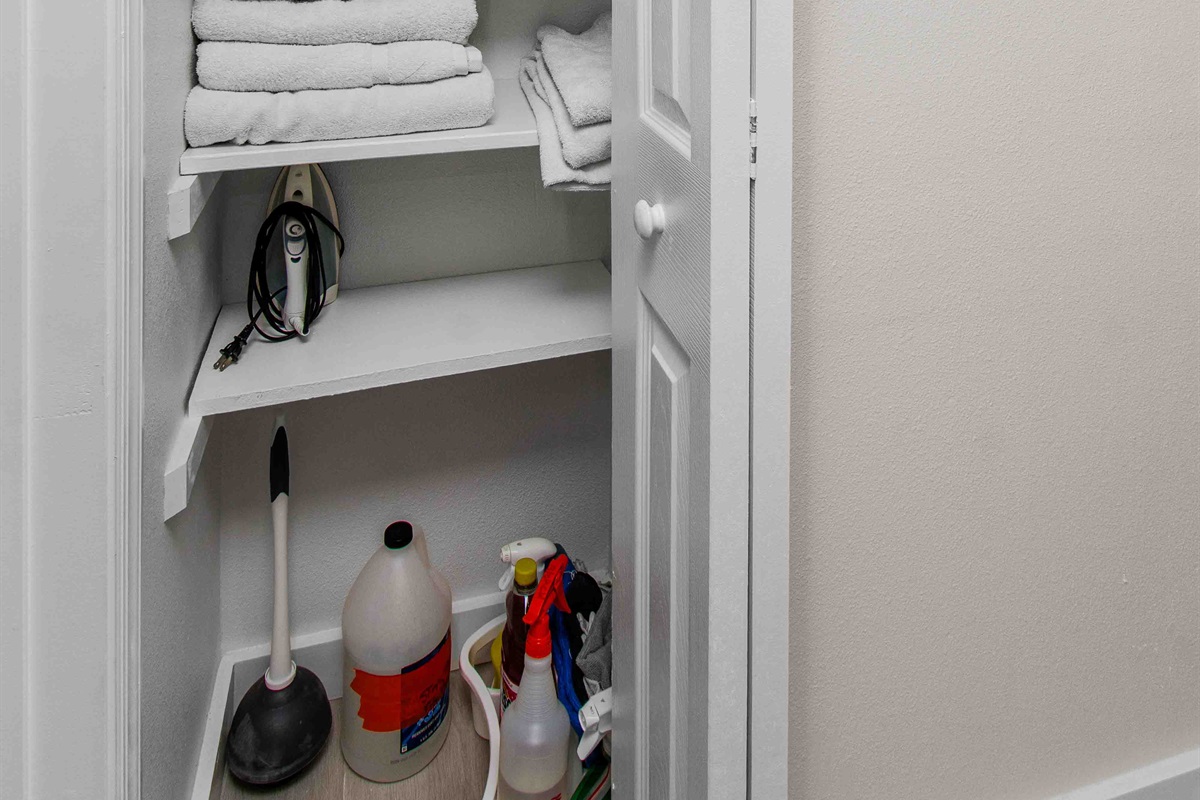 Iron and other supplies in linen closet