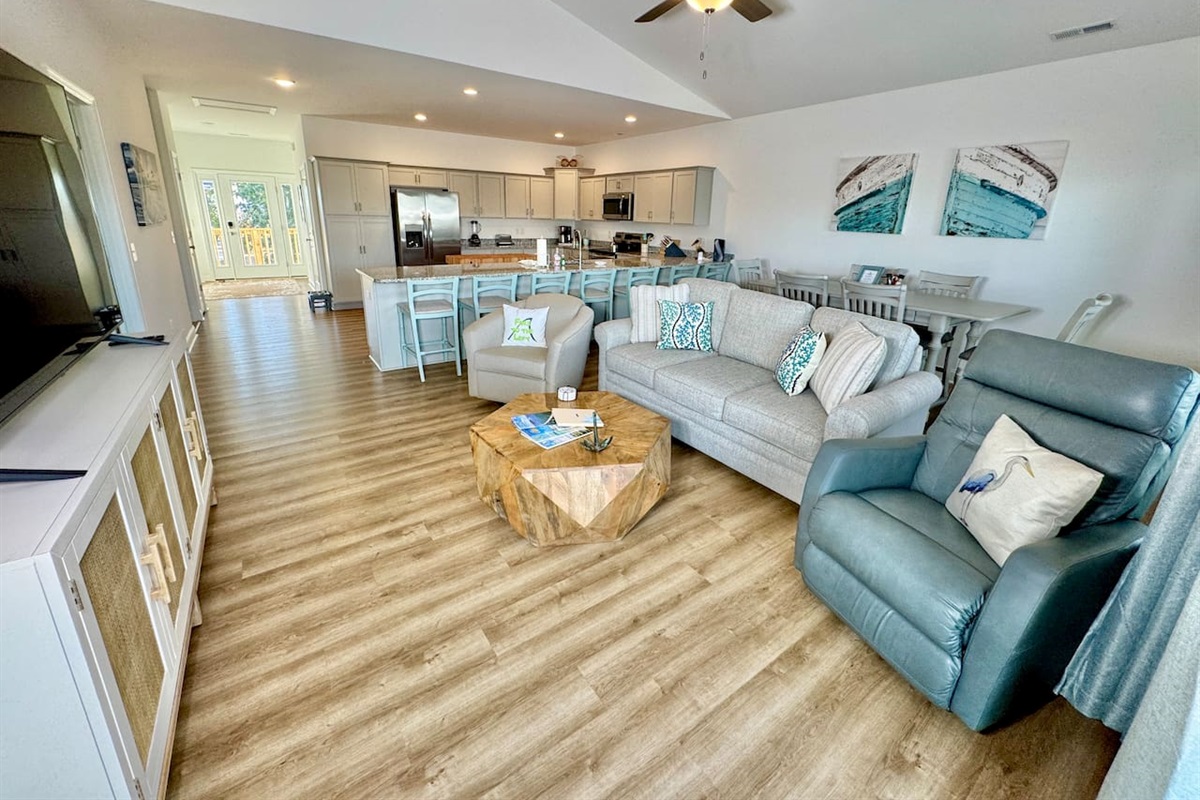 Get cozy while you relax in this living room with a water view. Sofa bed features a Queen mattress. 