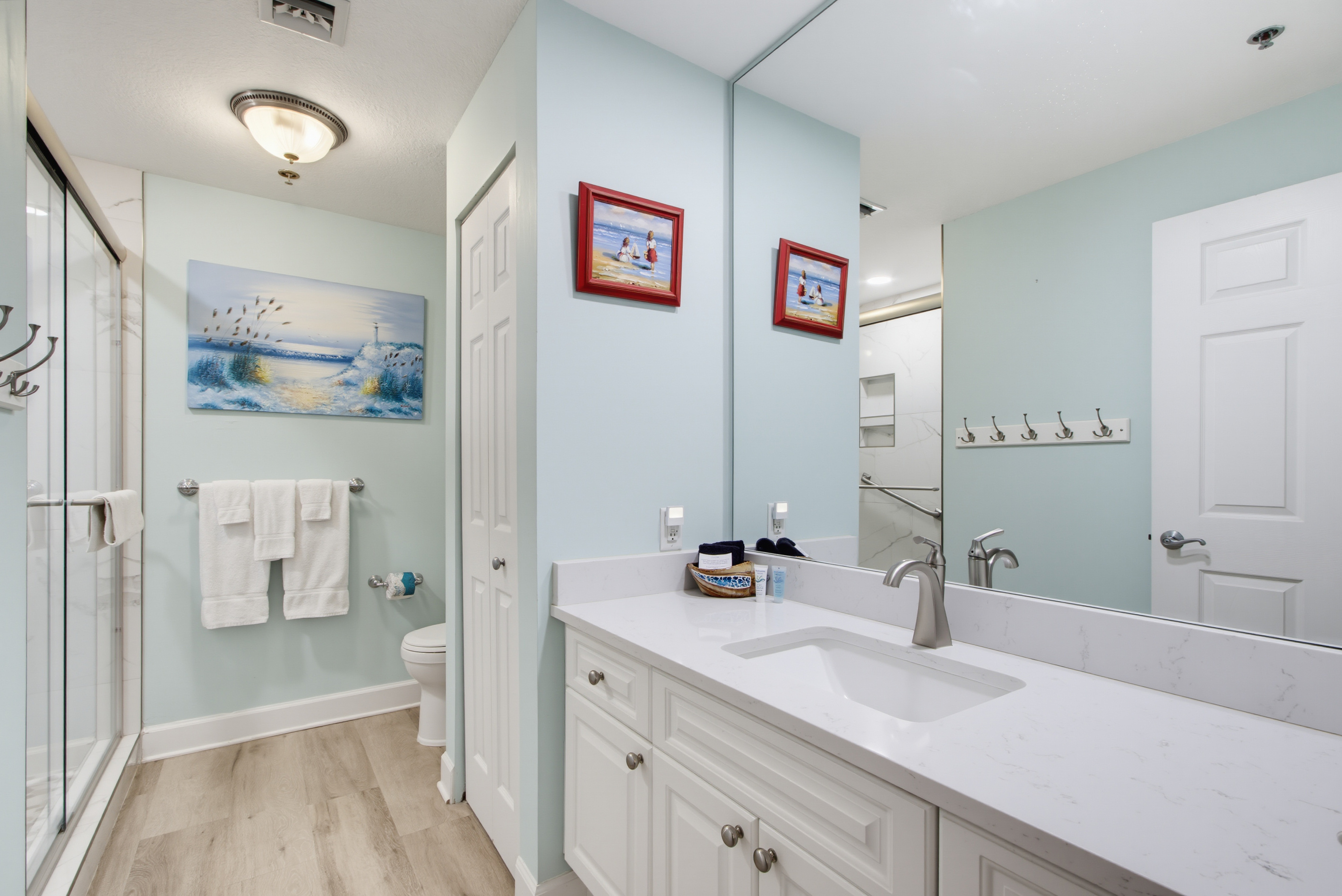 Primary bathroom with single vanity and walk-in shower.